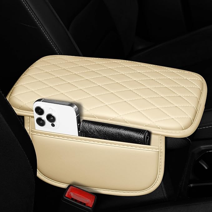 Center Console Cover for TSX: Armrest Cover for Car with 2 Storage Bags - Scratch & Wear Resistant & Waterproof Leather Console Cover,Anti-Scratch Auto Armrest Pad Accessory （Beige
