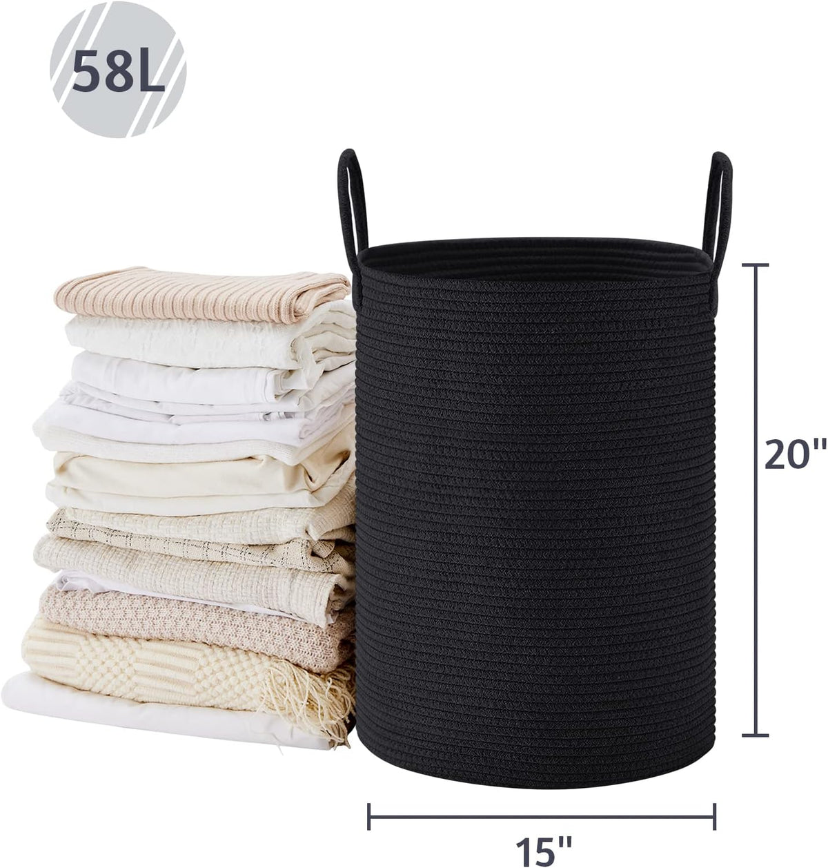 VIPOSCO Large Laundry Hamper, Tall Woven Rope Storage Basket for Blanket, Toys, Dirty Clothes in Living Room, Bathroom, Bedroom - 58L Black