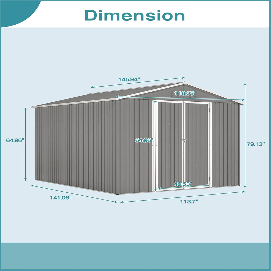 Metal Shed10x12 ft Outdoor Storage Shed,Metal Steel Utility Tool Shed Storage House with Double Lockable Doors and Air Vent for Backyard Garden Patio Lawn Gray
