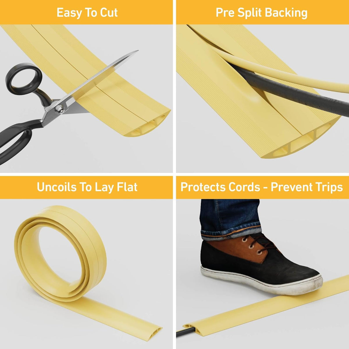 D-Line 6ft Floor Cord Cover, Floor Cable Protector, Extension Cord Cover, Protect Wires & Prevent Cable Trips, Cable Management Solution - Cord Cavity = 0.63" (W) x 0.31" (H) - Safety Yellow