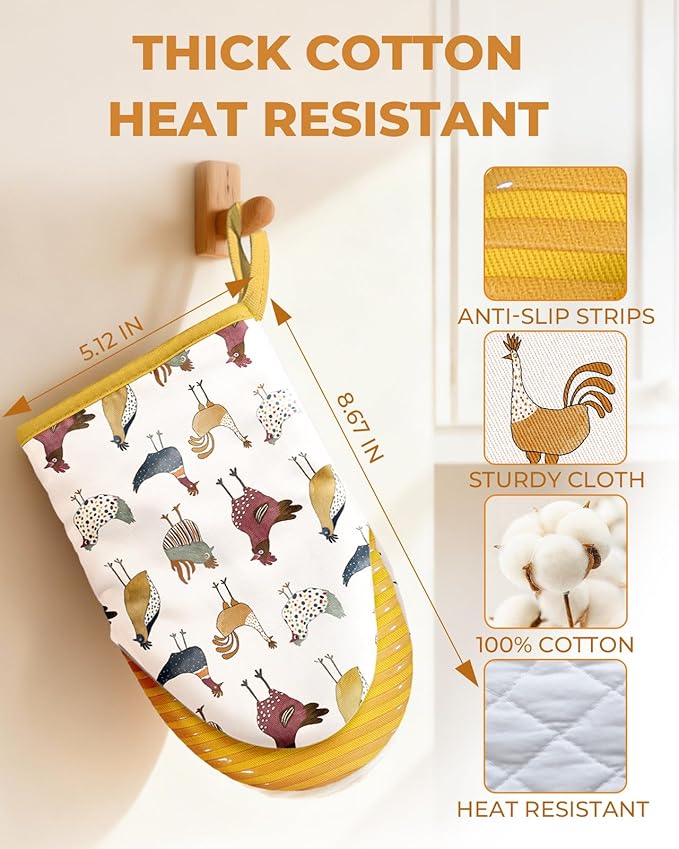 Slohif Chicken Mini Oven Mitts Set – Yellow Animal Extended Short Heat Resistant Kitchen Gloves for Women, 100% Cotton Oven Mitts with Silicone Grips, Non-Slip and Thick Durable for Cooking & Baking
