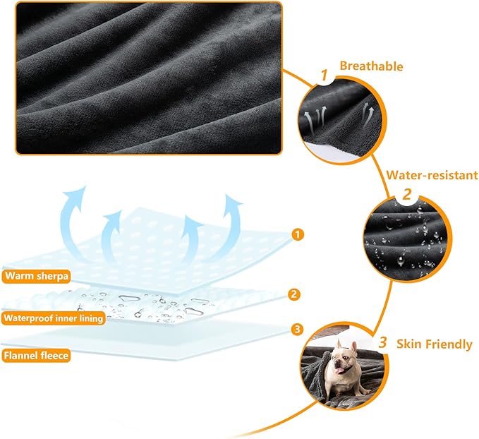 Maidewow Waterproof Dog Blanket Reversible Pet Puppy Blankets for Couch Sofa Bed Covers Leakproof Warm Fluffy Cat Cover Washable Gray Mat-L-65x57in