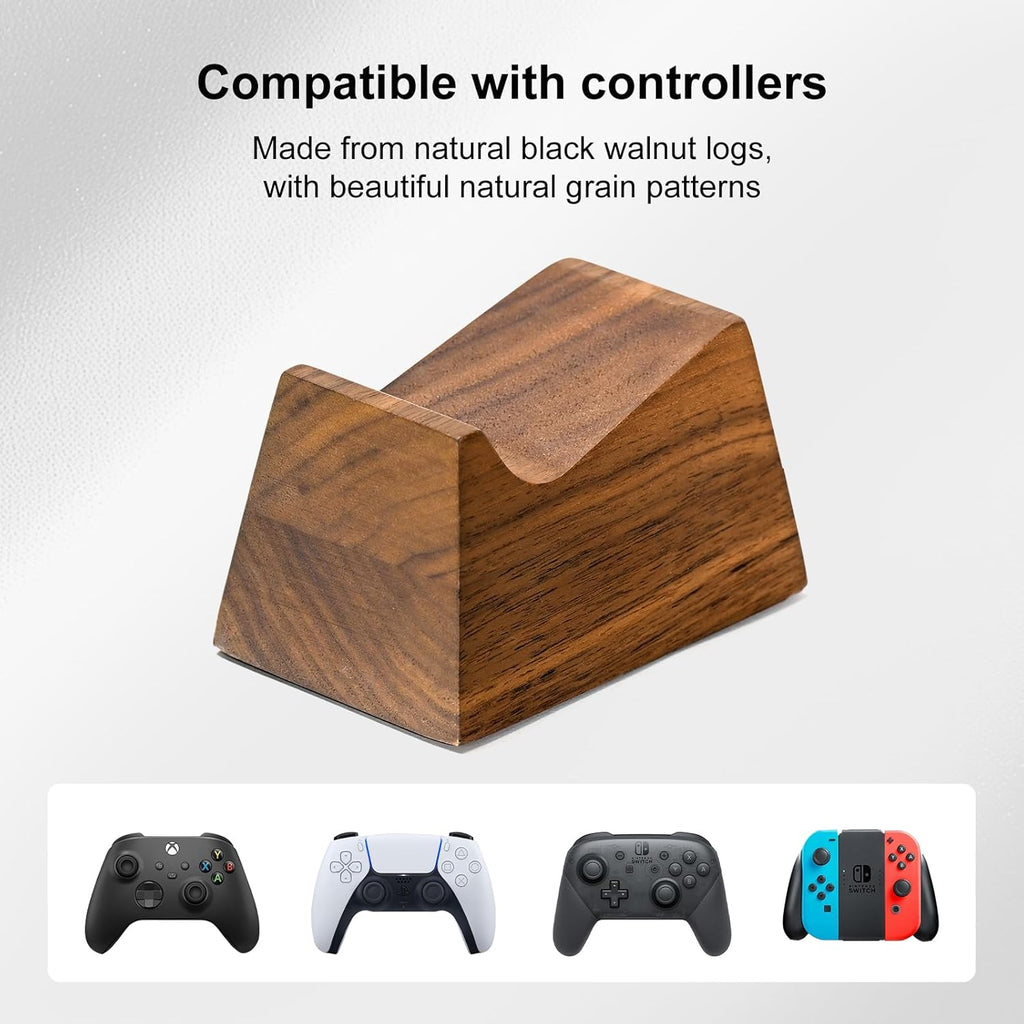 UPERGO Headset Stand with Gaming Controller Holder, Walnut Wood Headphone Stand with Storage Base, Gaming Equipment Accessories for Desk