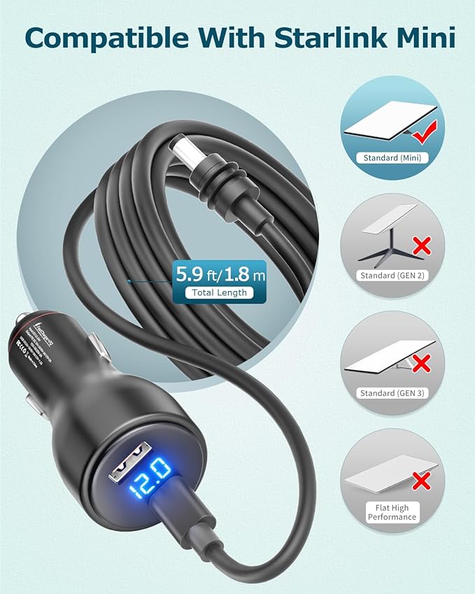 Starlink Mini USB C Power Cable 5.9FT 3 in 1 Starlink Mini Car Adapter DC Power Cable and Car Charger Smart Boost 12V to 20V/100W with Digital Display Durable USB C PD 100W and USB A 18W Port 1.8M