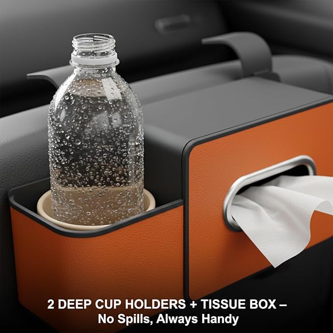 Car Organizers and Storage Box, 4 in 1 Multifunctional Car Organizer Back Seat with 2 Cup Holders & Tissue Box, Backseat Cars Organizer for Hold Phone, Snacks, Drinks, Handbag(Brown,2Pcs)