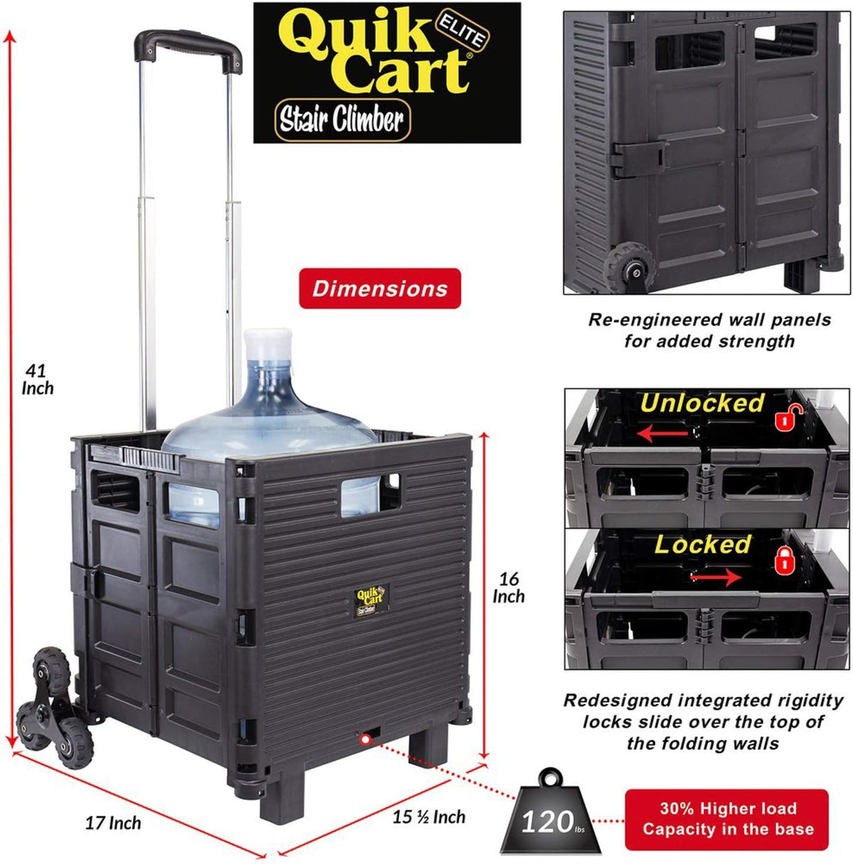 dbest products Quik Cart Elite Stair Climber Wheeled Rolling Crate Teacher Utility With seat Heavy Duty Collapsible Basket With Handle, Black