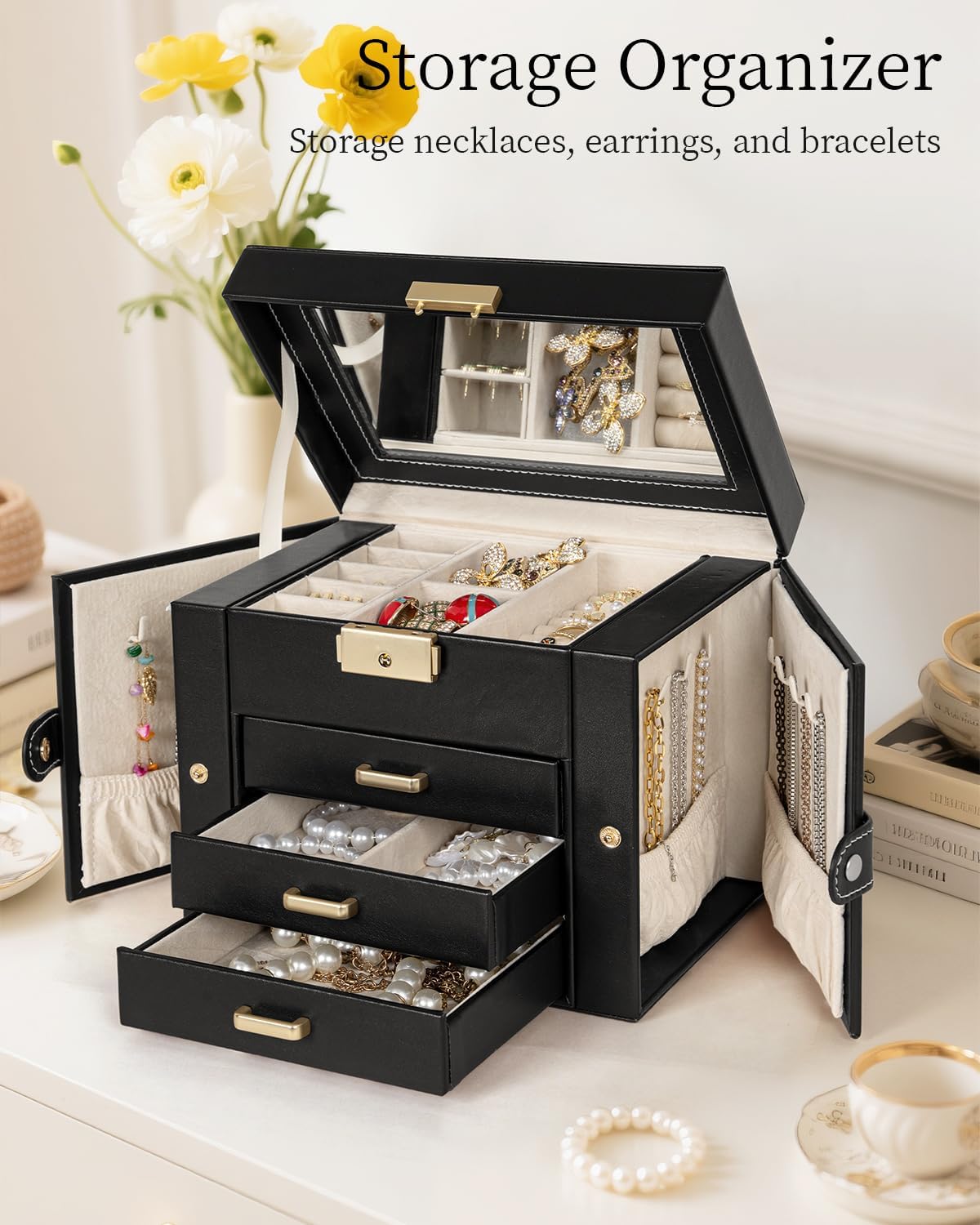 TORIBIO Jewelry Box for Women, Leather Jewelry Organizer with Mirror & Lock, 4-Tier Jewelry Storage Organizer with 3 Drawers for Girls/Women/Mothers, Necklace Earring Bracelets Holder Organizer