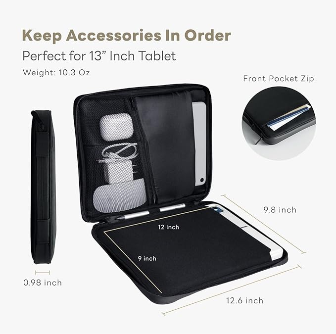 eiP 13 inch Waterproof Slim Tablet Carring Case, Handle Sleeve Bag for iPad Pro M4 13 Inch, iPad Air 13 Inch, iPad Pro 12.9", MacBook Air 13", Fit Keyboard and Pen, Black