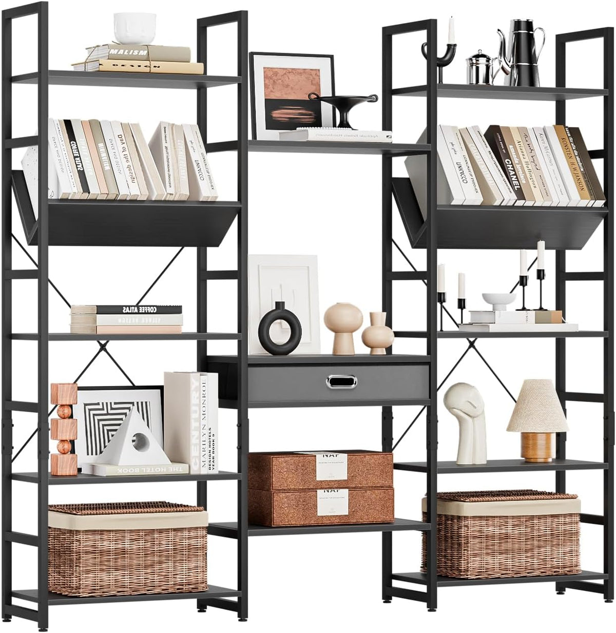 NUMENN Bookcases and Bookshelves Triple Wide 5 Tier Bookshelf, Large Etagere Bookshelf with Storage Drawer, Adjustable Open Display Shelves for Living Room, Bedroom, Home Office, Black