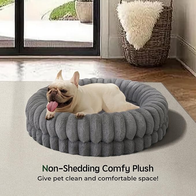 BALANCE Luxury Donut Dog Bed, 30 Inches Round Dog Bed Medium Size Dogs Washable, Orthopedic Calming Dogs Bed for Pets with Anti-Slip Bottom, Gray