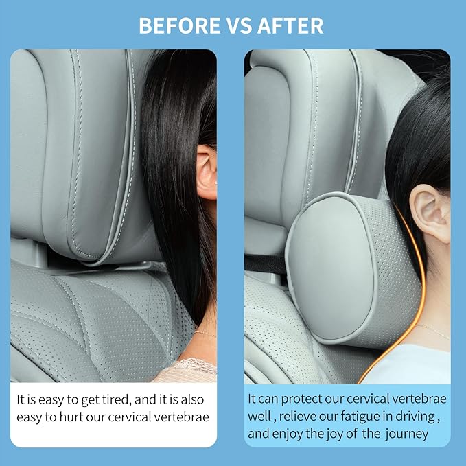 Car Headrest Pillow for Driving - Luxury Leather 100% Memory Foam, Ergonomic Neck Support - Universal Fit Head Rest Travel Pillow for Most Cars, Home & Office, Gray, 2 Pack