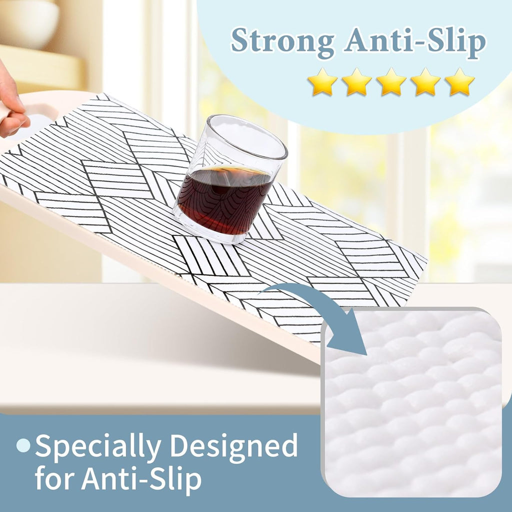 Shelf Liners for Kitchen Cabinets 12in x 20FT, Non Adhesive Cabinet Liner Strong Non-Slip Thickened Black White Geometric Drawer Liner, Easy to Clean for Shelf, Cabinet with Knife and Tape Measure