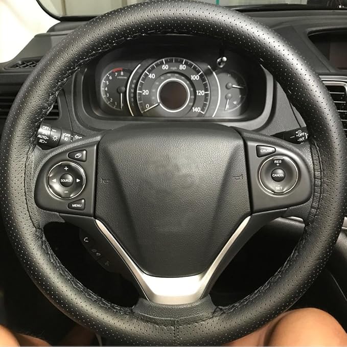 Onerbuy Universal Leather Car Steering Wheel Stitch On Wrap Cover DIY Sewing Breathable and Anti Slip, Maximum for 15-Inch Diameter Car Steering Wheel (Black)