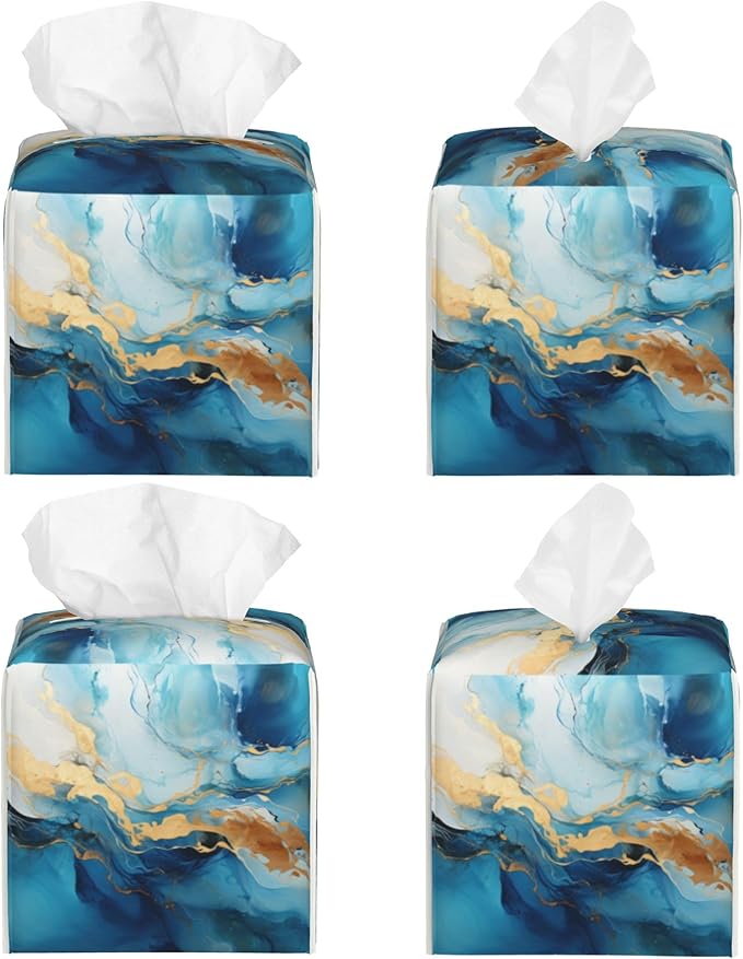 Blue Gold Marble Tissue Box Cover Square,Abstract Liquid Marble Texture Tissue Box Holder Waterproof Leather Facial Paper Organizer Dispenser for Bathroom Home Car Nightstand Vanity Desk