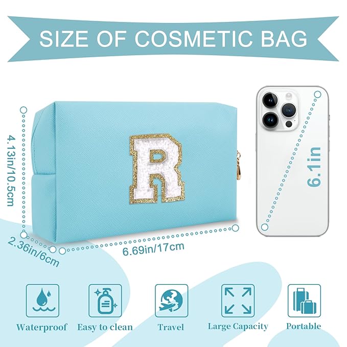 Small Personalized Initial A-Z Preppy Patch Makeup Bag,PU Chenille Letter Travel Cosmetic Pouch with Zipper,Blue Cute Toiletry Bag,Gift Ideal for Teen Girls Women Teacher Bridesmaid,Letter R