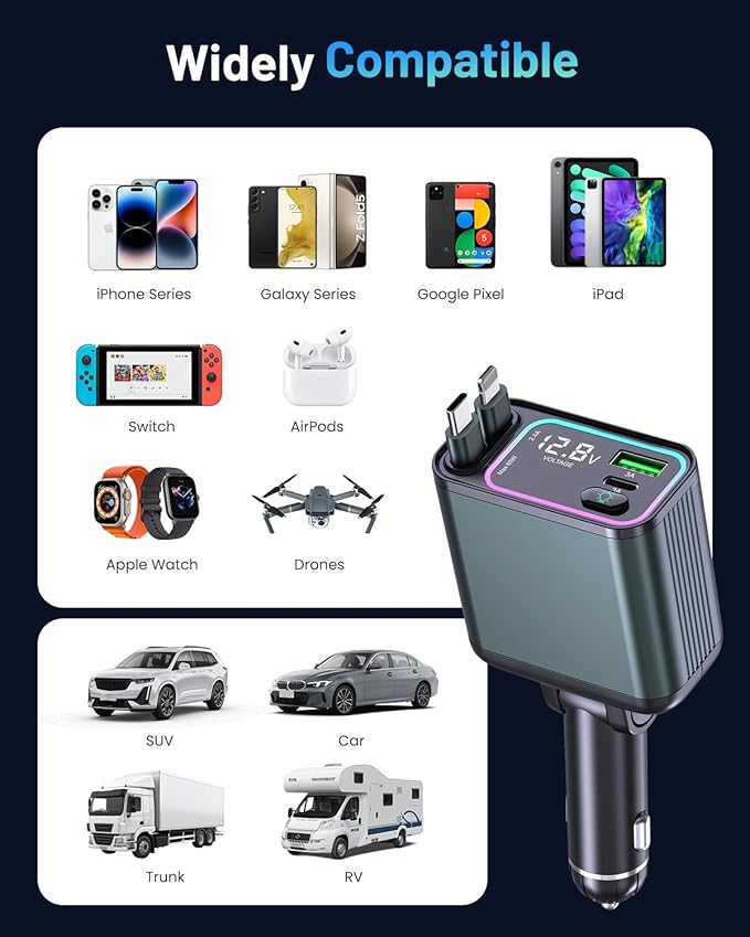 [2 Pack] 4 in 1 Retractable Car Charger with RGB Light, 92W Fast Charging USB C Car Adapter, Compact Car Phone Charger for iPhone/Galaxy/Pixel, Car Accessories for Women Men (Lightning + Type C Cable)