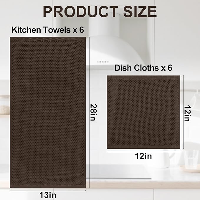 Homaxy 100% Cotton Kitchen Towels and Dishcloths Set, 12 x 12 Inches and 13 x 28 Inches, Set of 12 Bulk Kitchen Towels Set, Ultra Soft Absorbent Dish Cloths for Washing Dishes, Dark Brown
