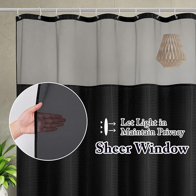 Gibelle Extra Long Shower Curtain 72 x 84, Waffle Weave Fabric Shower Curtain with Mesh Top Window and Hooks Set, Hotel Style Bathroom Design, Black