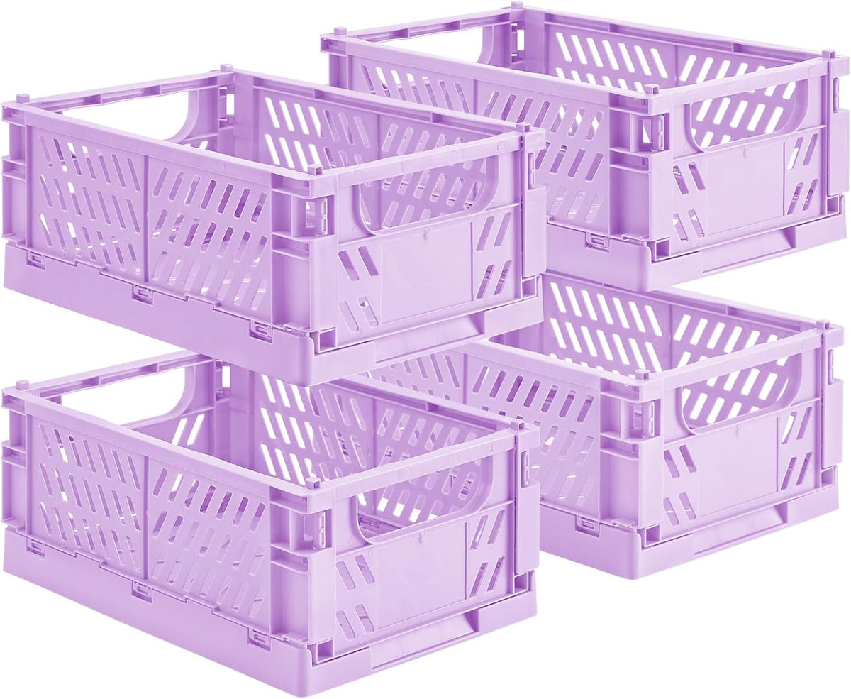 4-Pack Small Pastel Plastic Storage Baskets, Collapsible Crates for Organizing, Space-Saving Mini Bins for Classroom, Kitchen, Office, Bedroom (Purple, 9.8" x 6.5" x 3.8")