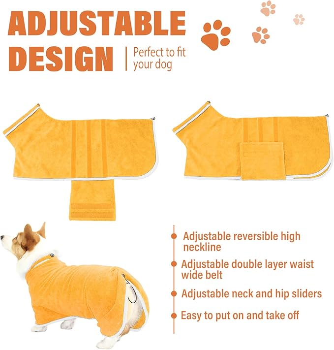 HhiMyOct Dog Robe - Fast Drying Towel - Microfiber Super Absorbent Pet Bathrobe, Adjustable Collar & Belly Strap (Yellow, Small)