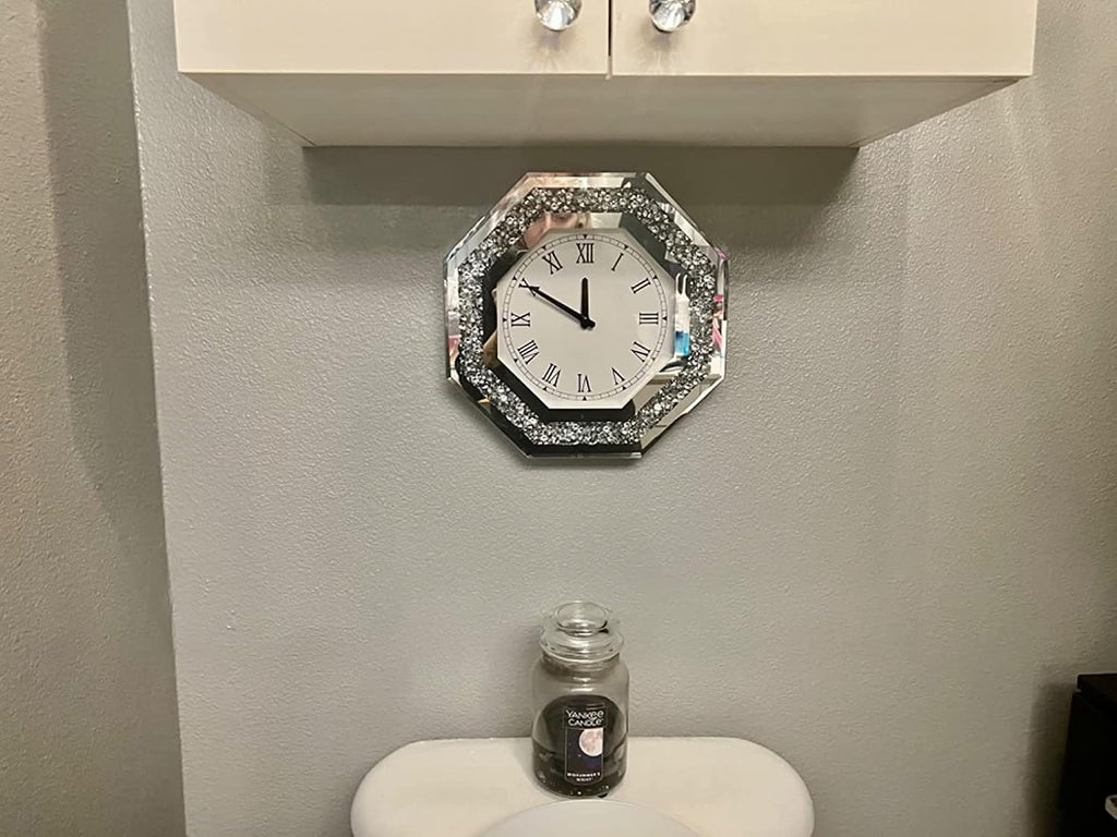 Wall Clock, Octagon Mirror Glass Clock, Cute Diamond 12-inch Non-Ticking Clock for Wall Décor, Perfect Home Decor for Bedroom, Bathroom Motif, Dining Room(Excluding Batteries.)