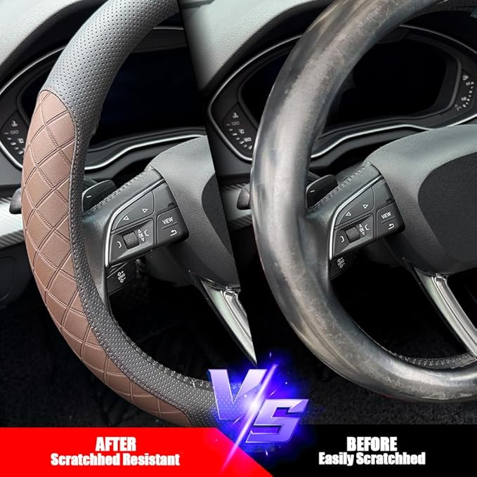 LKWLIKEI Nappa Leather Steering Wheel Cover,Elegant Diamond Checkered Design, Non-Slip wear-Resistant, Enhance Driving Comfort, Suitable for Steering Wheel Diameter 14 1/2‘-15’ Models.Black Brown