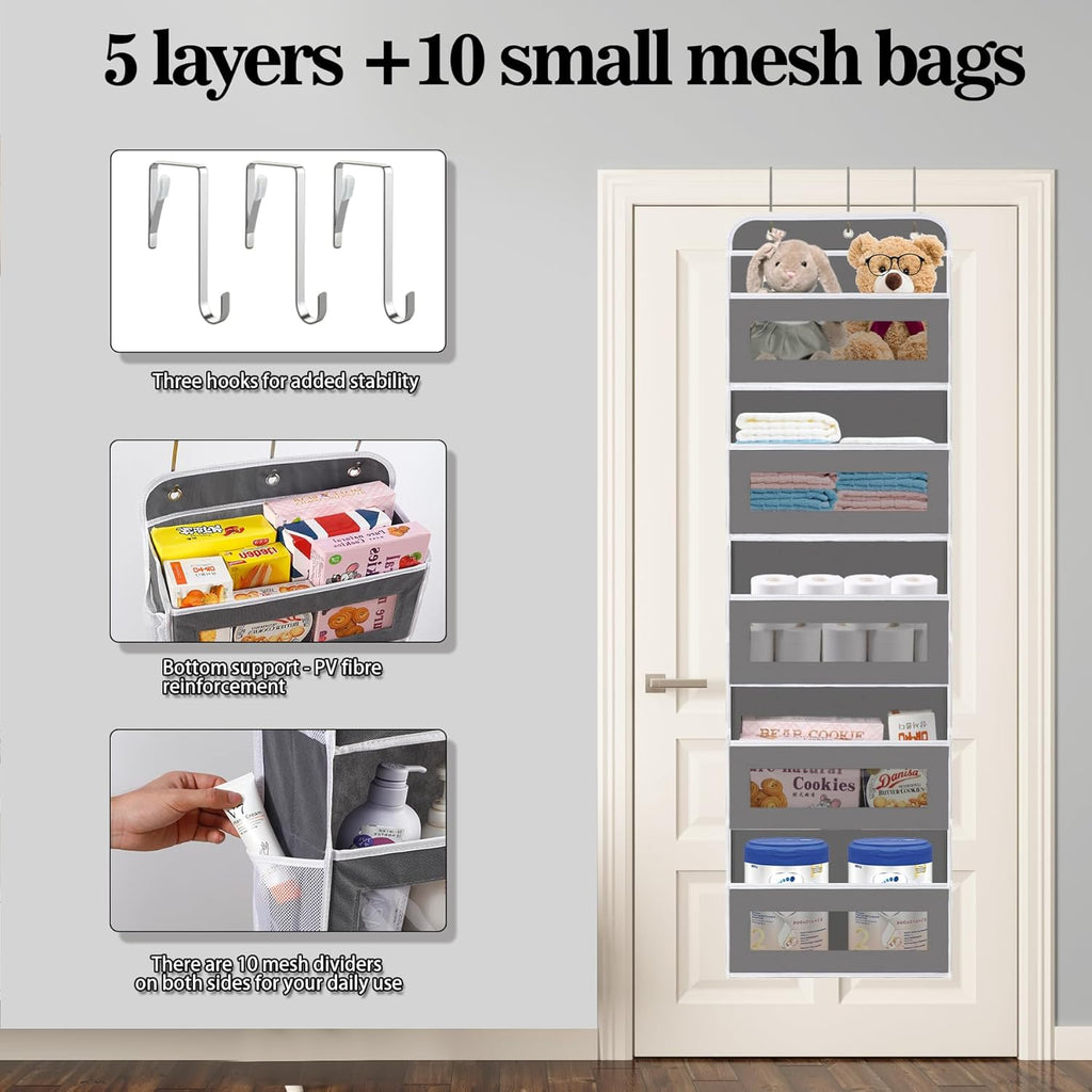 Over The Door Organizer, 5 Shelves Closet Door Hanging Organizer with 10 Mesh Pockets, Nursery Closet Organizer, Baby Essentials, Dorm Room Essentials for Girls