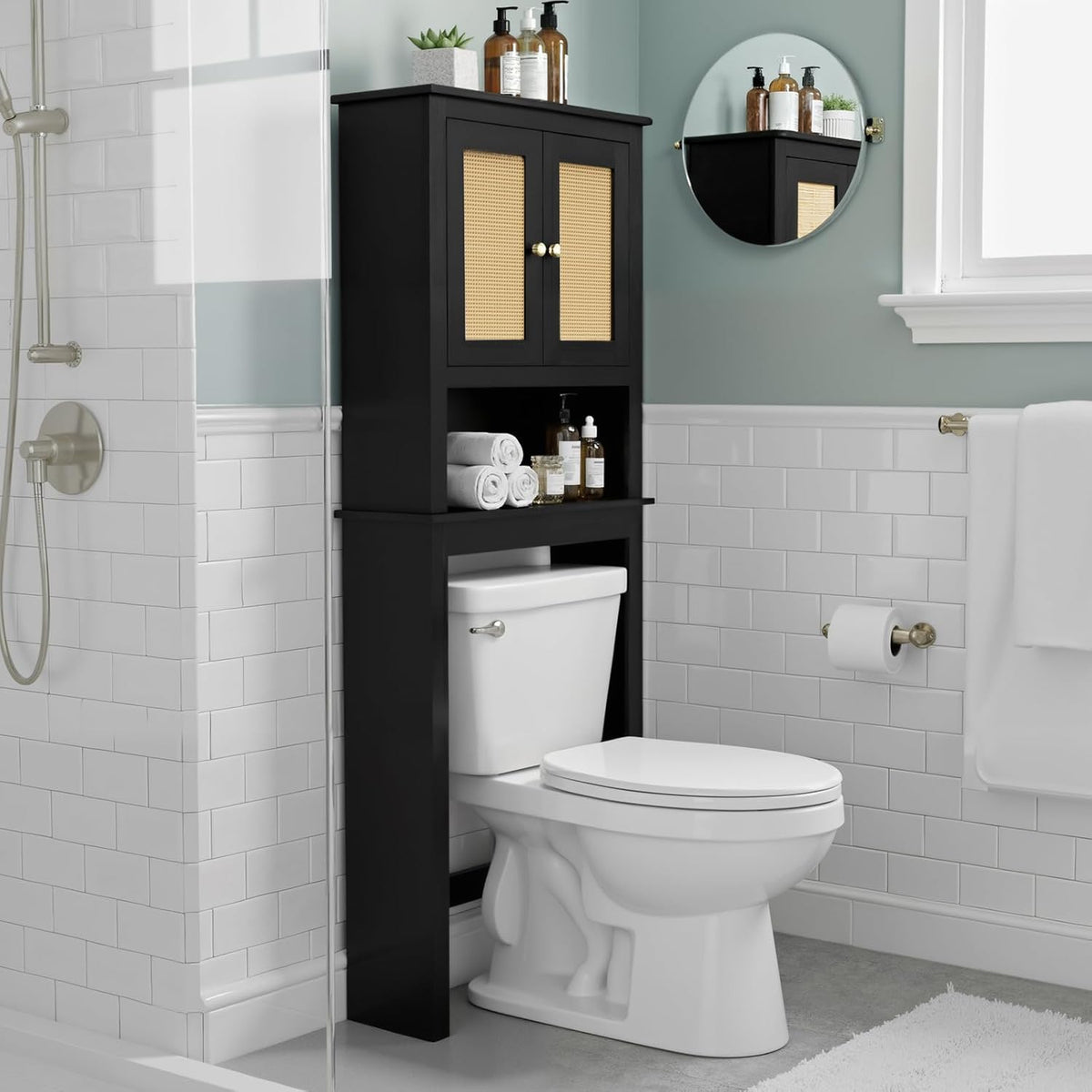 Over The Toilet Storage Cabinet, Behind Toilet Bathroom Organizer with Adjustable Shelves, Above Toilet Organizers with Barn Door, Space Saver for Restroom, Bathroom, Laundry