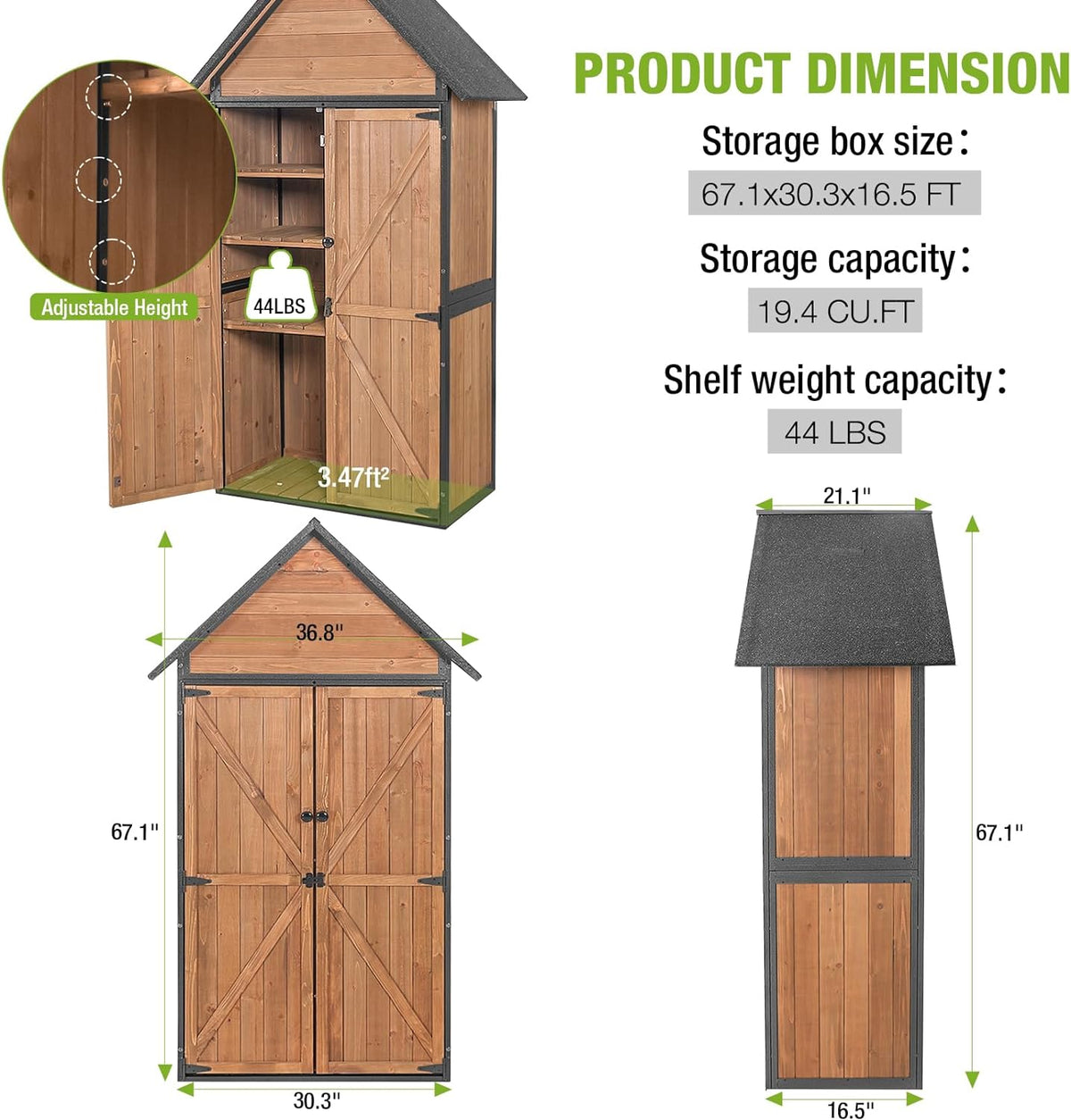 GUTINNEEN Sheds Outdoor Storage Wooden Garden Tool Shed with Metal Frame Sloped Roof and Adjustable 3 Tiers Shelves Outdoor Storage Cabinet for Backyard Garden Patio Lawn 67.1"(Brown)