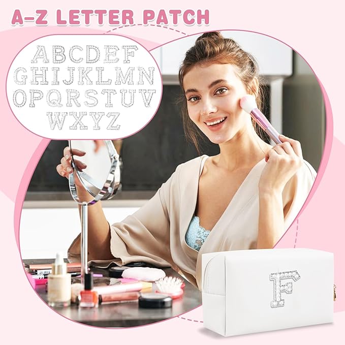Bride Gifts – Personalized Initial Makeup Bag with Pearl Rhinestone Patch, Preppy White Monogram Cosmetic/Toiletry Pouch, bridesmaid Gifts, Bridal Shower Gifts, Wedding Gifts, Bridal Gifts,F