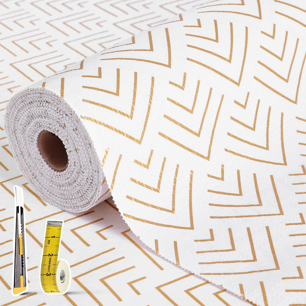 Shelf Liner for Kitchen Cabinets Non Adhesive Drawer Liner Non-Slip Thickened Shelf Liner Paper Strong Easy to Clean for Tool Box Refrigerator with Knife and Tape Measure, Gold Arrow,23.6 x 354.3 in