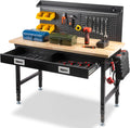48" Workbench with Drawers, Work Benches for Garage with Strip Light, Adjustable Work Table with Large Pegboard, 2000 LBS Heavy Duty Table with Power Outlet Rubber Wood for Garage, Office