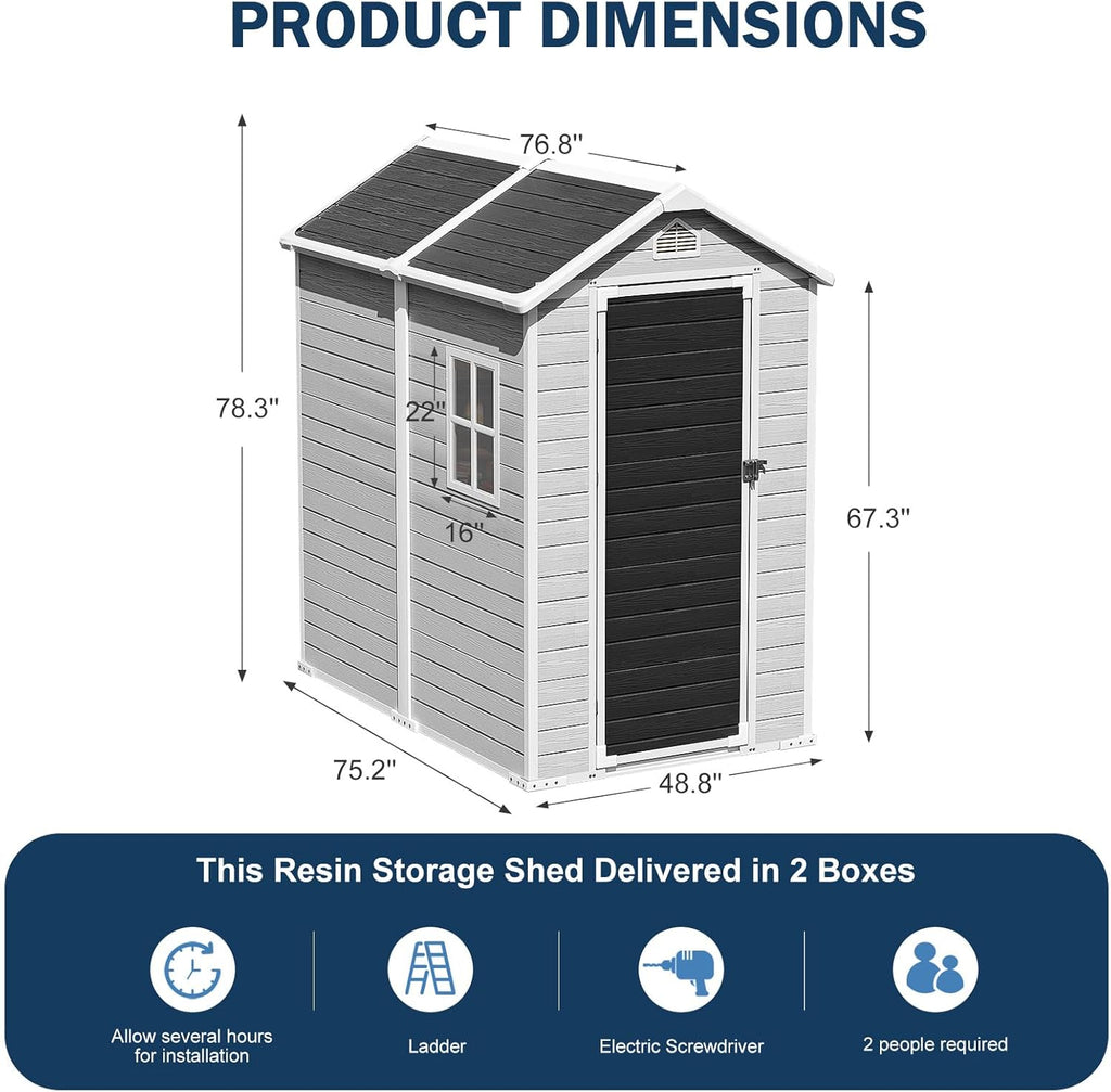CDCASA 6x4 FT Resin Shed, Waterproof Outdoor Small Storage Shed with Floor & Lockable Door & Window & Vents, Plastic Tool Shed for Outside, Patio, Poolside, Grey