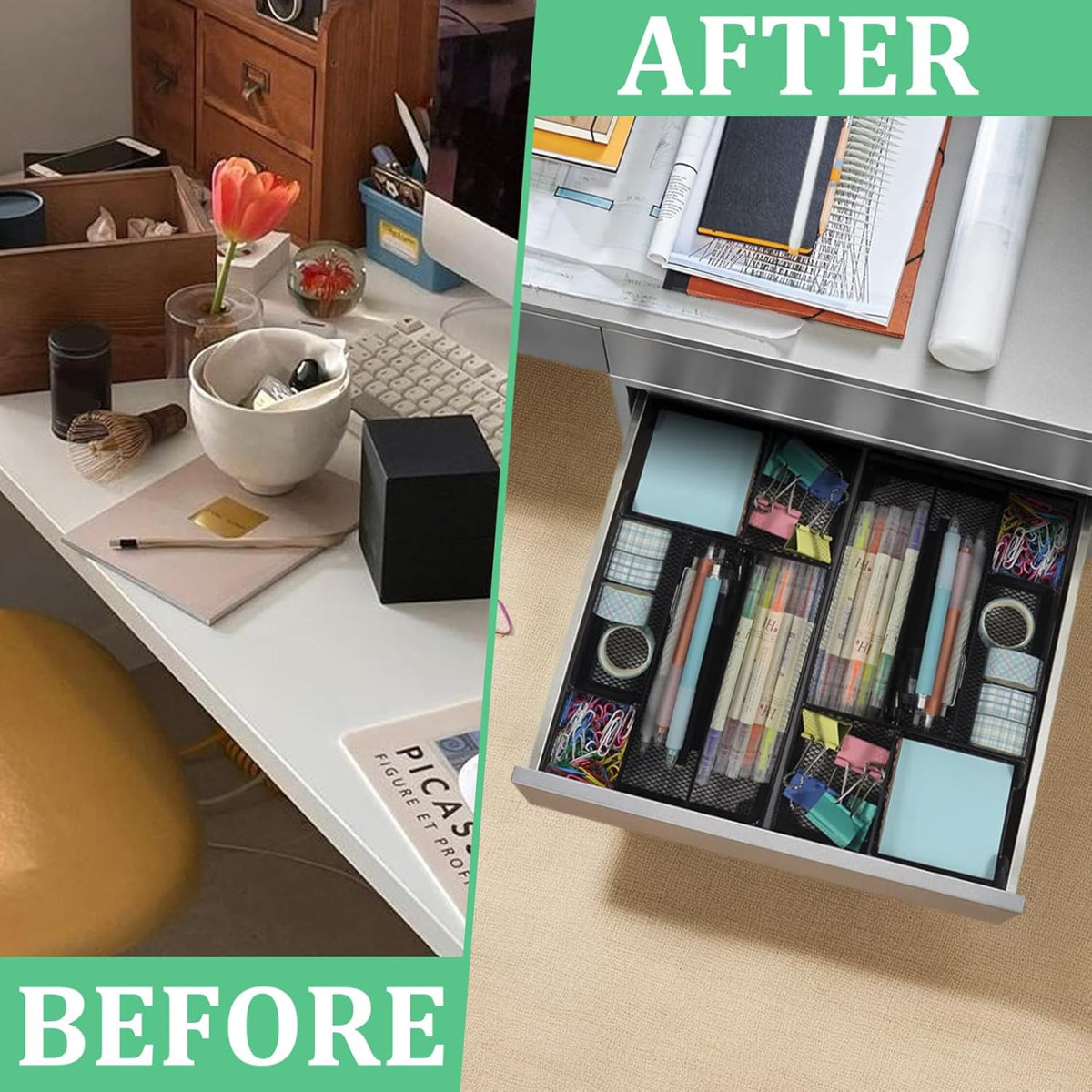 Desk Drawer Organizer Tray 6 Compartment Mesh Organizers 11x6x1.4" Small Metal Pencil Organizer Pen Pencil Tray for Home Office School Supplies Desktop Desk, Drawer org