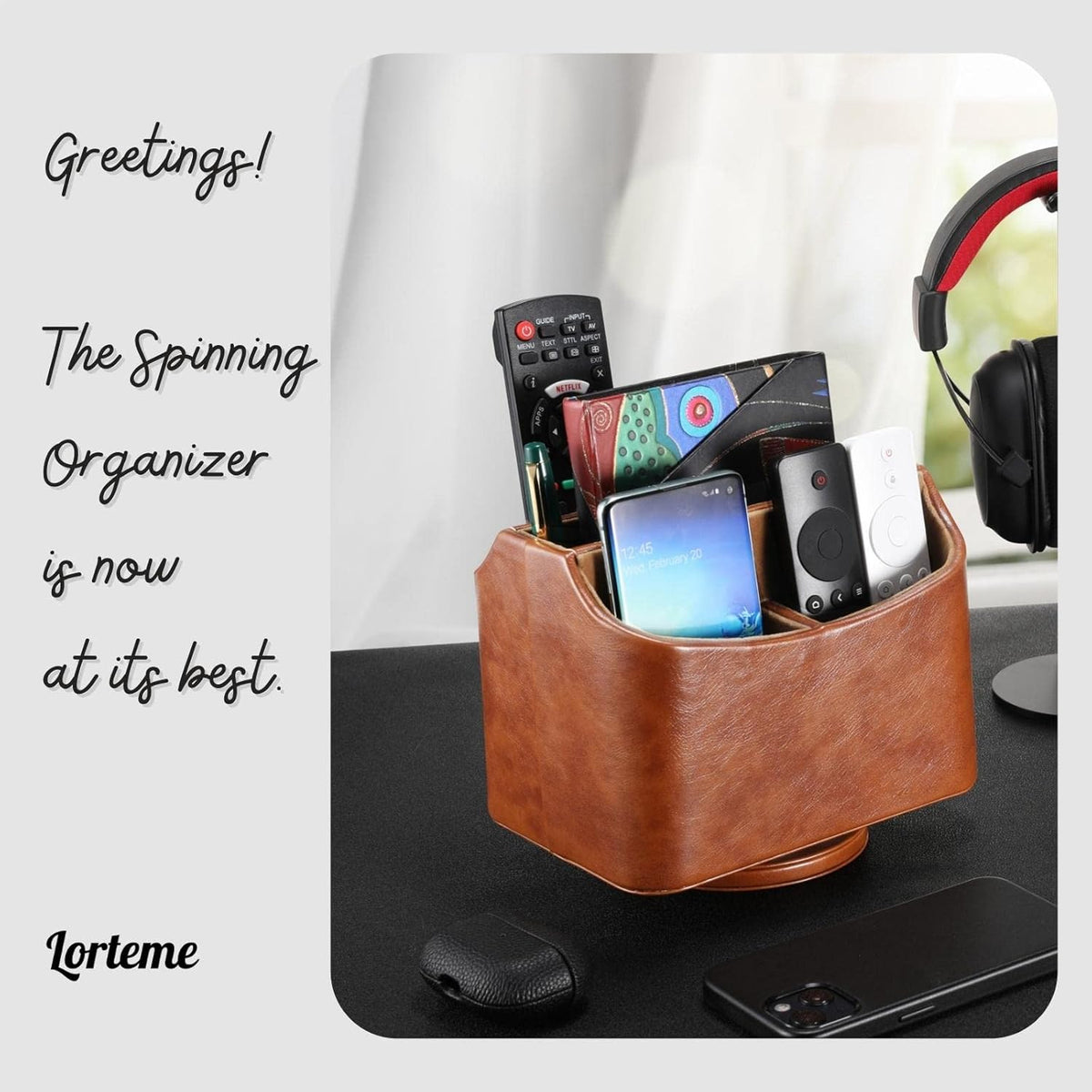 Remote Control Holder, Spinning Desk Organizer, Nightstand Bedside Caddy for TV Remotes/Tablets/Phones/Eyeglasses/Books/Pens - Brown