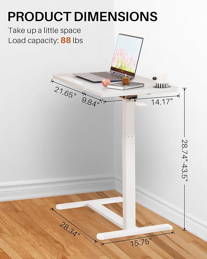 Overbed Table with Wheels, Pneumatic Height Adjustable Overbed Bedside Table