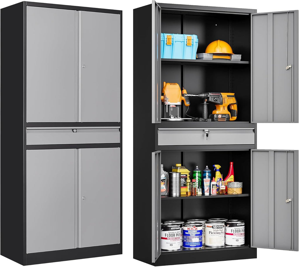 Metal Garage Storage Cabinet with Doors and Shelves, Lock, Drawer - 71" Lockable Steel Cabinet for Home, Office