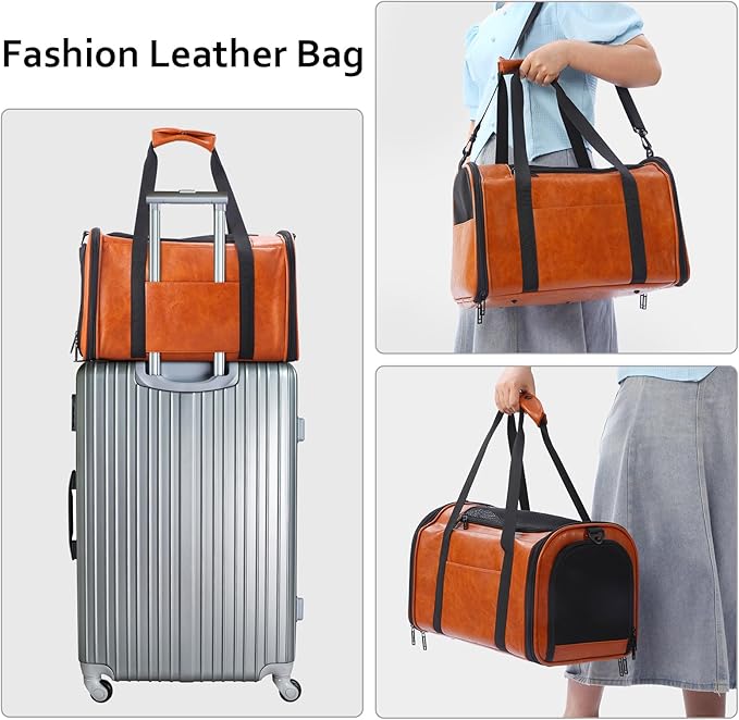 Lasaviin Fashion Leather Dog Carrier Cat Carrier Airline Approved Pet Carrier for Small Medium Dogs Cats Under 15Lbs, Collapsible Soft Sided Travel Puppy Carrier Brown