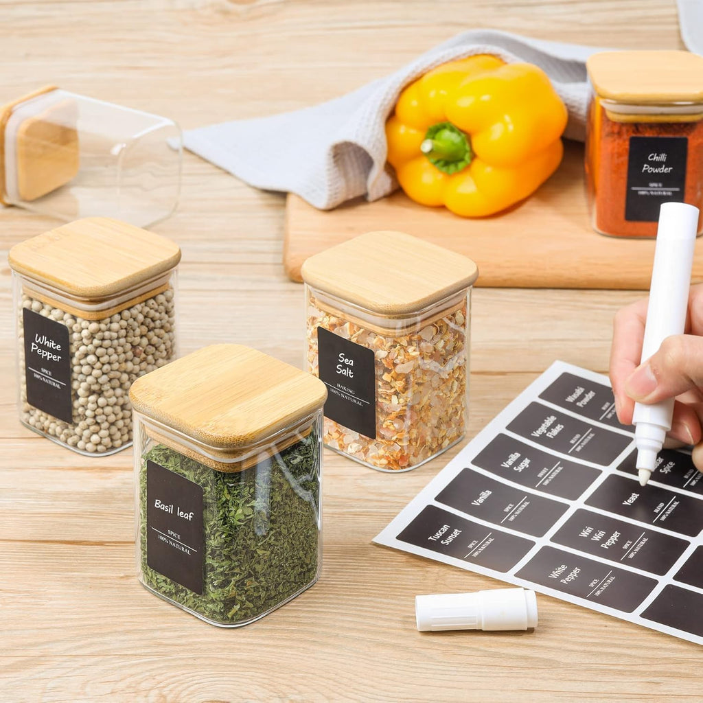 ComSaf 6Pcs 6 oz Spice Jars with Label Trial Set, Glass Spice Jars with Bamboo Lids Supplementary Set, Seasoning Container Trial Pack, Perfect for Ktichen Starter