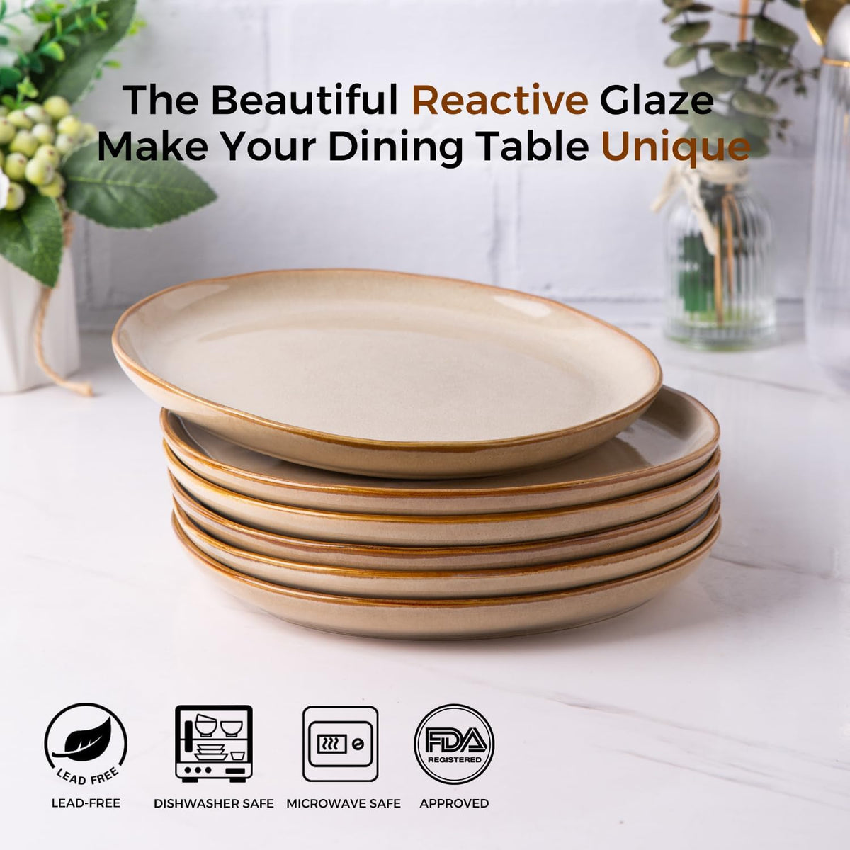 AmorArc Ceramic Dinner Plates Set of 6, 10.5 Inch Handmade Reactive Glaze Stoneware Plates, Large Rustic Shape Dinnerware Dish Set for Kitchen, Microwave & Dishwasher Safe, Scratch Resistant