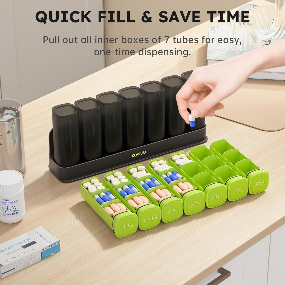 Weekly Pill Organizer 3X a Day, Detachable Pill Box 7 Day, Large 3 Times Daily Pill Case, Travel Pill Container Holder, Week Medication Dispenser Pillbox for Vitamin Supplement Medicine, Green