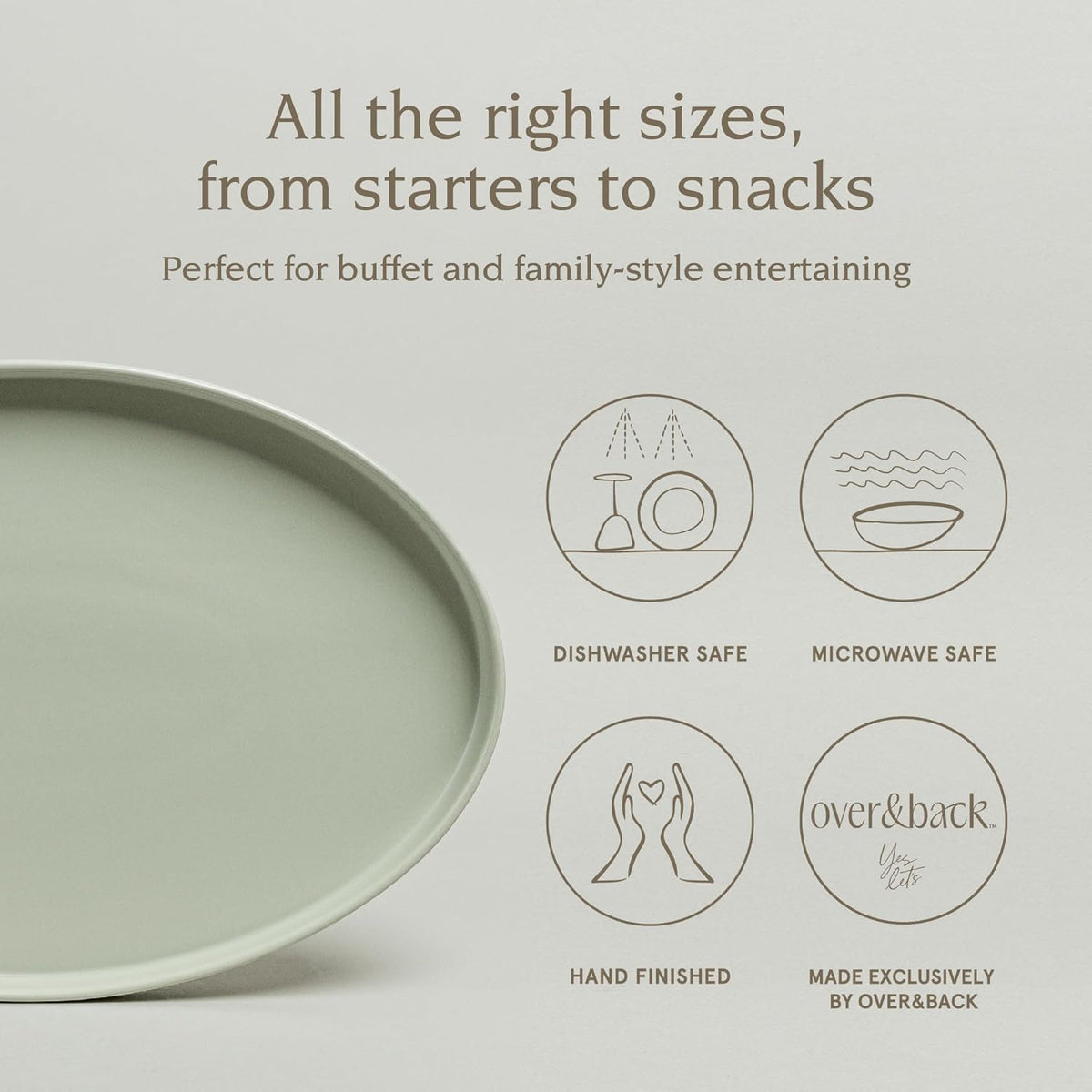 over&back Stackable Stoneware Serving Platter - Elegant 1-Piece Oval Serving Platter to Complete Your Kitchen Set - Perfect for Appetizers, Desserts, and More - 16" L x 11" W - Semi-Matte Sage