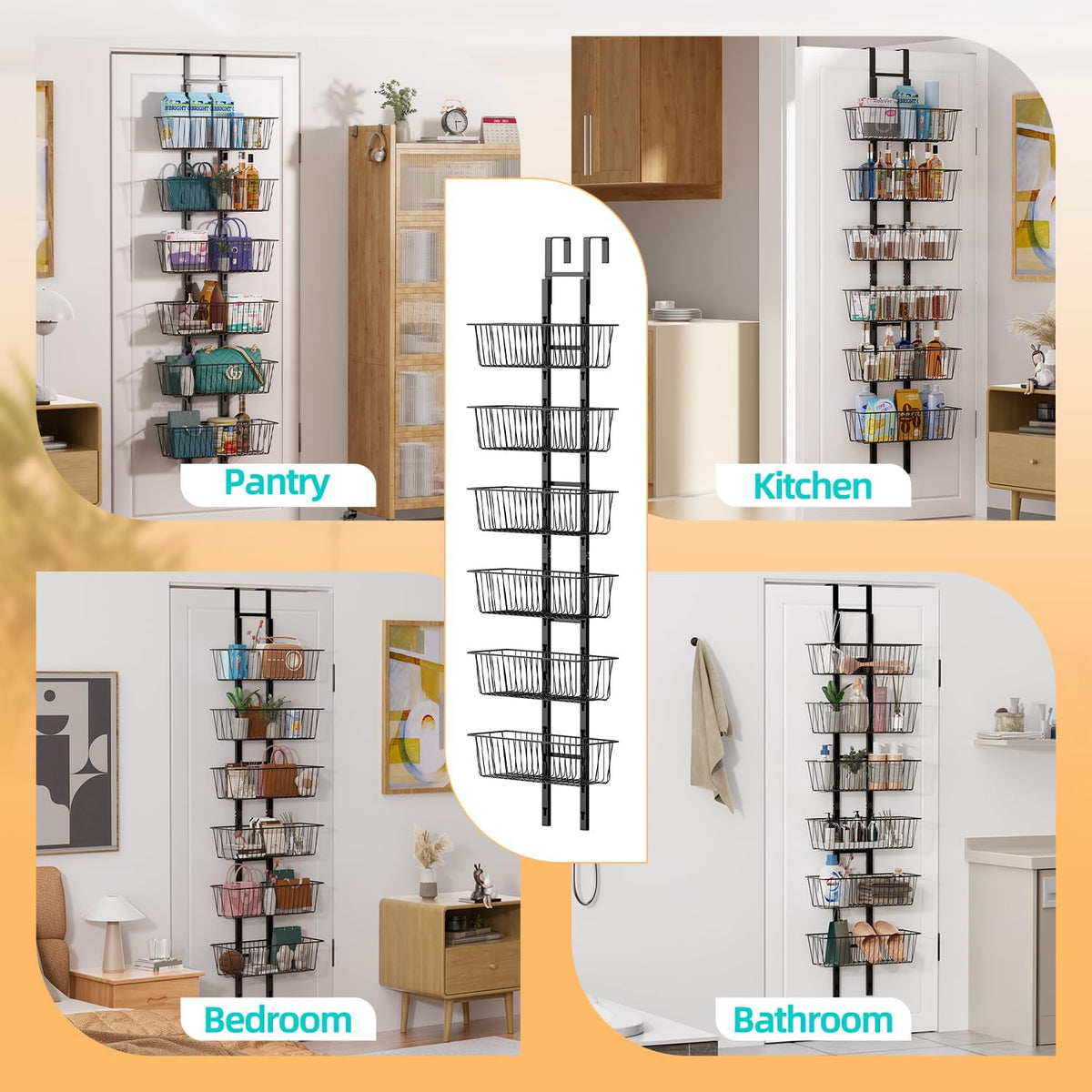 6-Tier Over The Door Pantry Organizer, Metal Hanging Storage Shelf with Adjustable 6 Baskets, Space-Saving Design Hanging Spice Rack for Kitchen, Bathroom, Laundry Room, Black