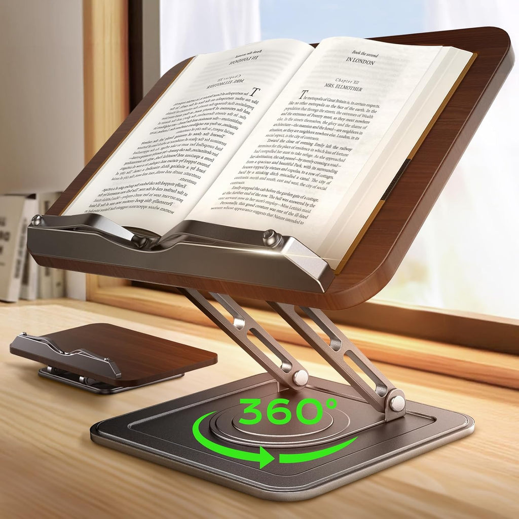 Book Stand for Reading, Adjustable Book Holder with 360°Rotating Bases, Ergonomic Cookbook Stand Recipe Book Holder with Elastic Page Clips for Magazines, Tablets, Laptops