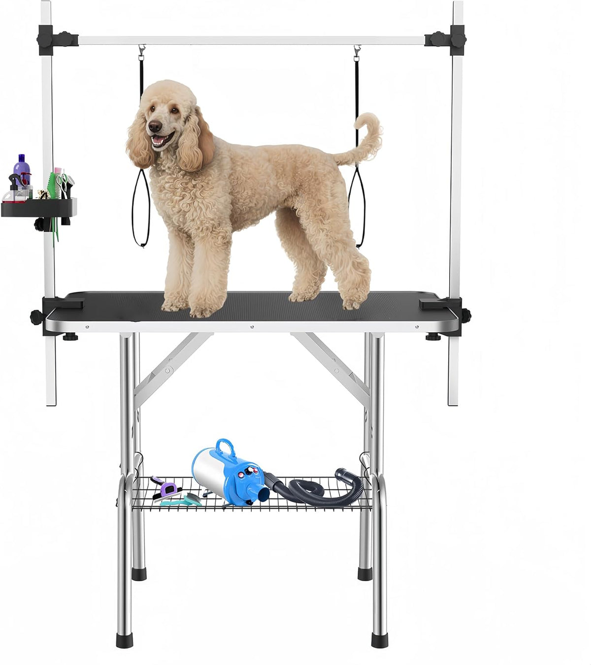 46" Large Dog Grooming Table, Non-Slip Tabletop with Adjustable Armrests, Lasso, Tool Organizer, Grid Tray, Foldable Home Pet Station, Maximum Weight Capacity 330 Ibs,Black