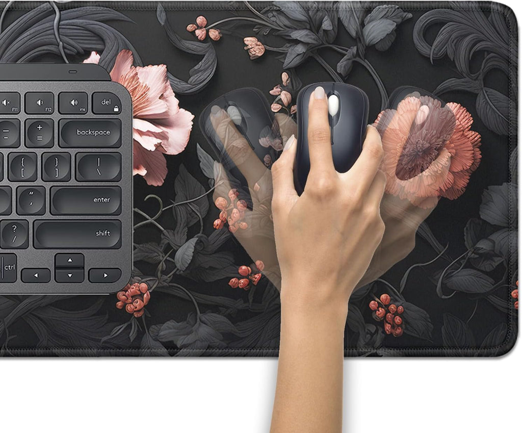 Black Art Flowers Mouse Pad,Large Vintage Floral Mousepad Desk Pad with Stitched Edges,Non-Slip Waterproof Rubber Base Mouse Mat for Office Computer Keyboard Laptop Home(27.5x11.8 in)