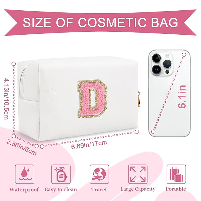 Personalized Makeup Bag Initial A-Z Preppy Patch Bag,Small PU Leather Travel Cosmetic Bag Pouch with Zipper,White Cute Toiletry Bag,Gift Ideal for Teen Girls Women Birthday Friend Mom,Letter D