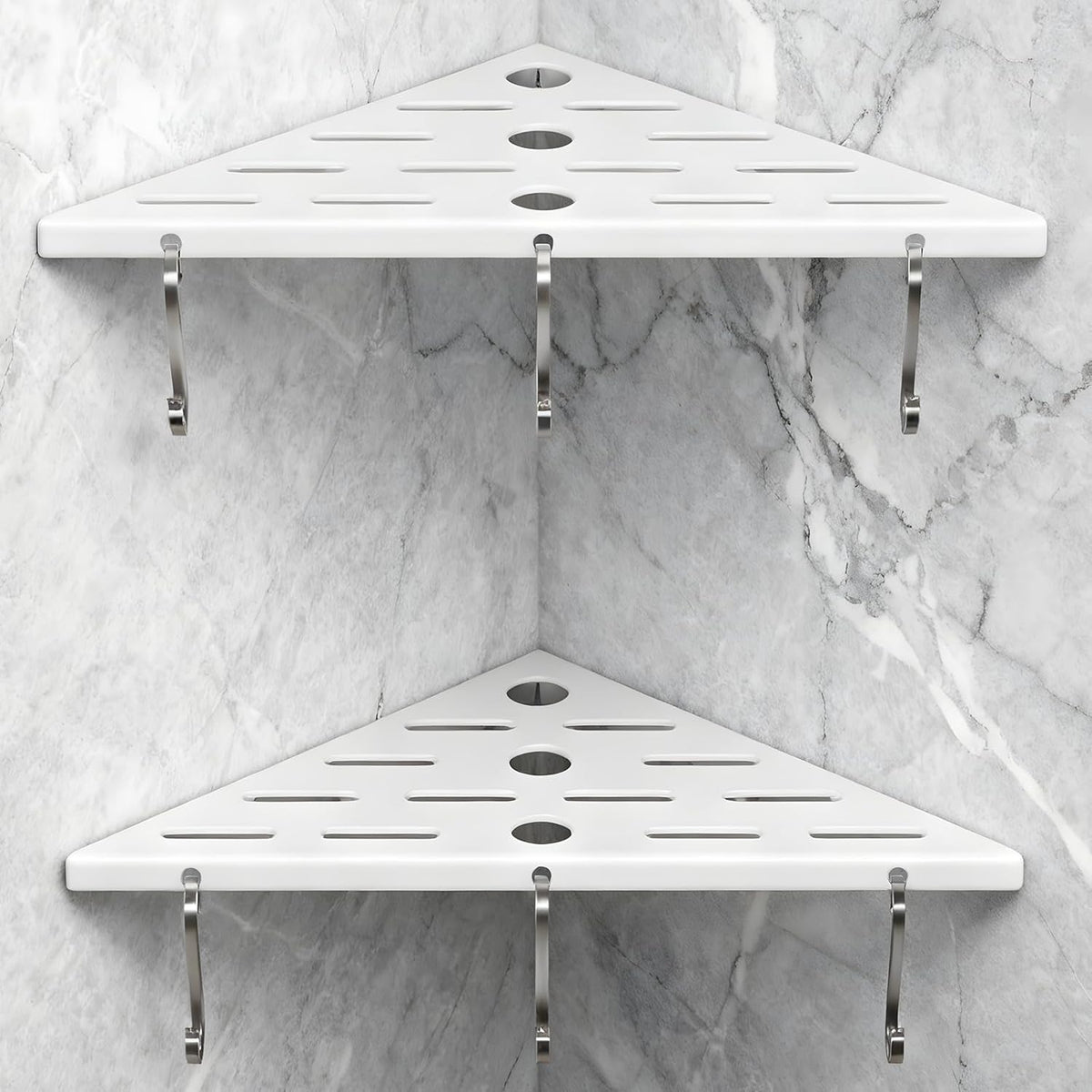 Shower Corner Shelf 304 Stainless Steel Shower Caddy 2 Tier Shower Organizer Niche Extra 6 Hangers Shelves 40 lbs Large Capacity Bathroom Storage for Inside Anti-Rust Drilling Installation(White)