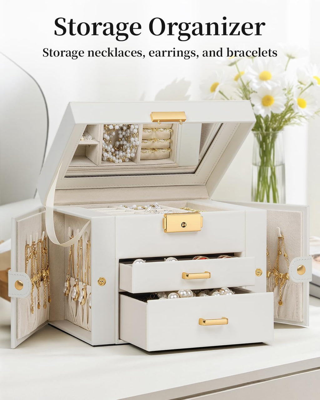 TORIBIO Jewelry Box for Women, Leather Jewelry Organizer with Mirror & Lock, 3-Tier Jewelry Storage Organizer with 2 Drawers for Girls/Women/Mothers, Necklace Earring Bracelets Holder Organizer