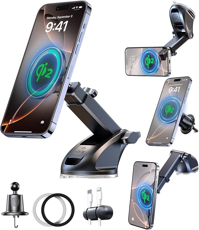 【Qi2 Certified・90LBS Vacuum Magnetic Suction】 15W Fast Wireless Car Charger Mount for Magsafe, 360° Adjustable Arm, Dashboard/Windshield/Vent Phone Holder+Cable Organaizer for iPhone 17/16/15 Pro Max